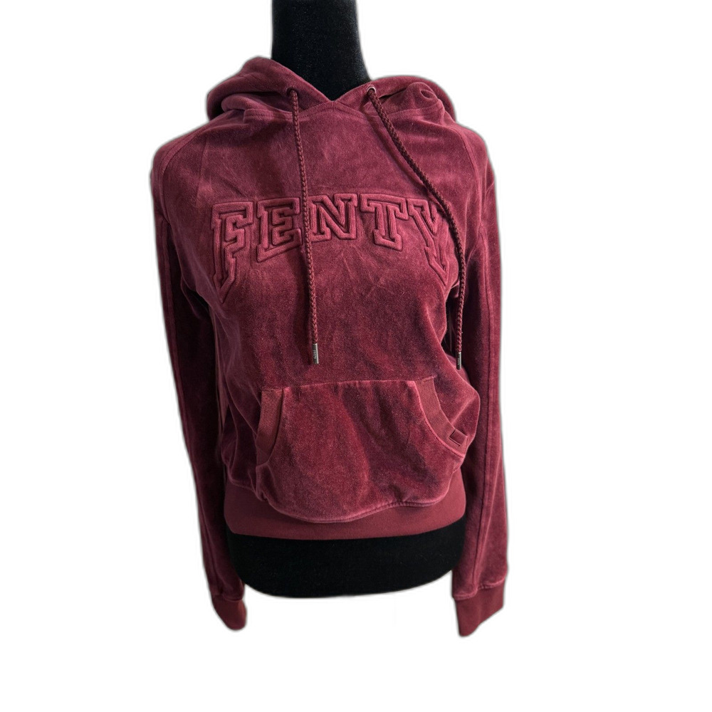 Fenty by Rihanna Burgundy Velour Crop Hoodie — Embossed Logo